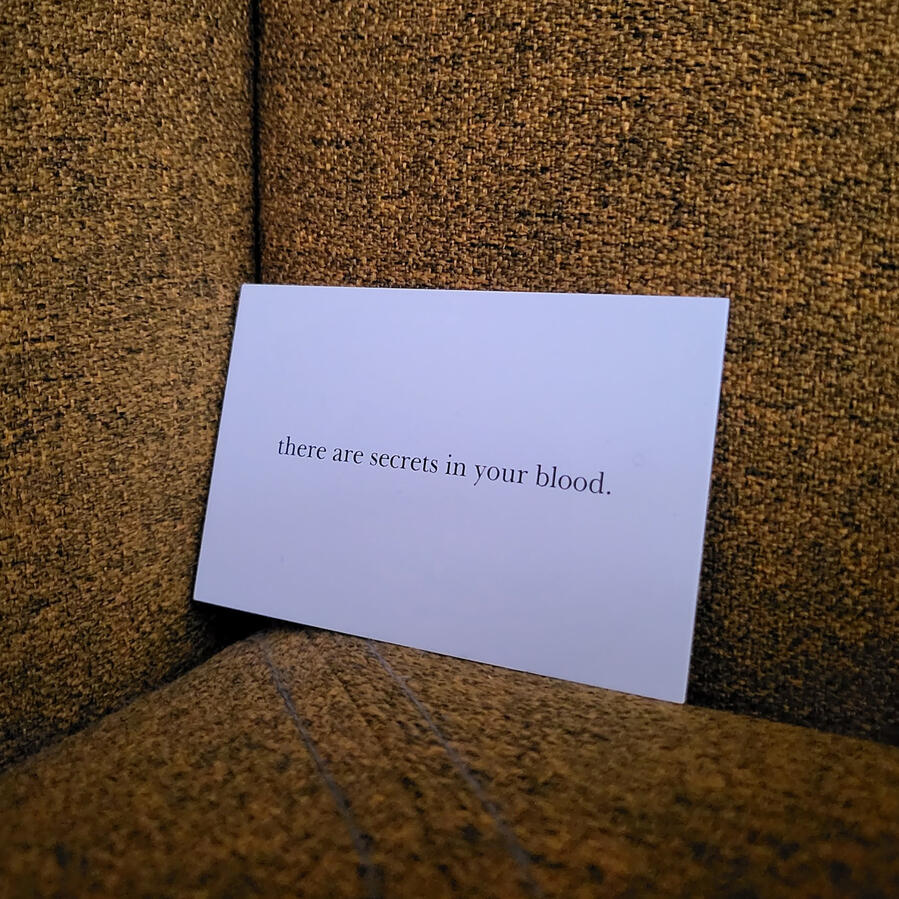 A white card rests in the corner of a textured dark yellow seat. It reads, “there are secrets in your blood.” in small, serif type. The setting is quiet and intimate, drawing attention to the message’s eerie stillness. Part of the experimental poetry proje