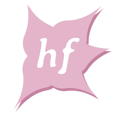 logo for hazyn forsythe Abstract pink starburst shape with soft, uneven points and a subtle shadow effect. Centered white lowercase letters “hf” are set in a gentle, serif-style font. The design is minimalist and whimsical, reflecting a creative, artistic identity.